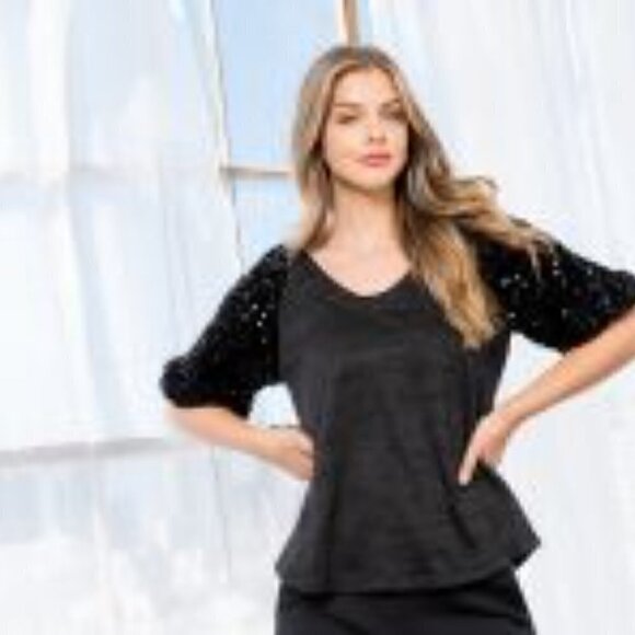 THML sequin sleeve knit vneck top - Picture 4 of 7